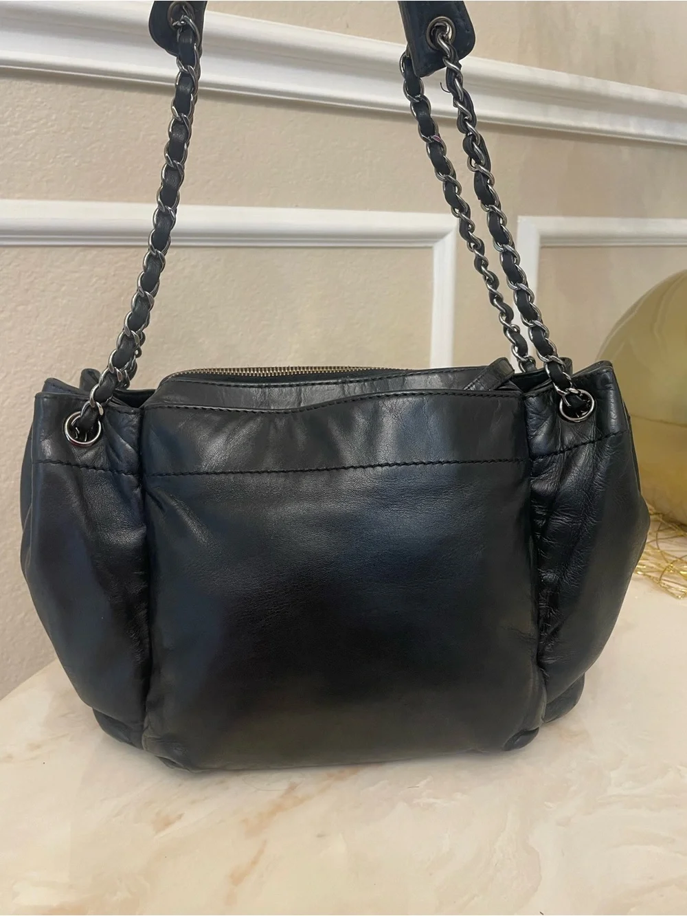 Chanel black large LAX lambskin shoulder bag gunmetal silver hardware plaque